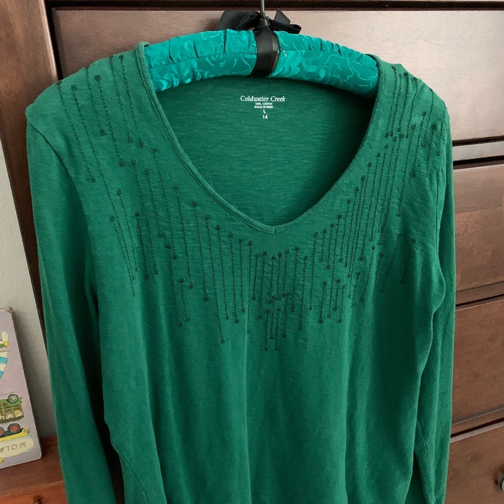 Coldwater Creek Dark Emerald Green Top Size L 14